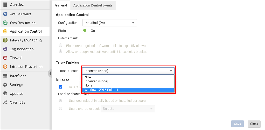 Assign a trust ruleset from the dropdown menu