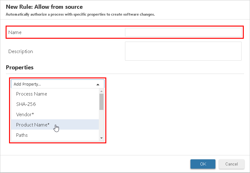 Selecting a property from the dropdown in the New Rule window