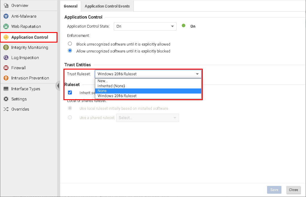 Application Control tab of the computer or policy showing None selected from the Trust Ruleset dropdown list